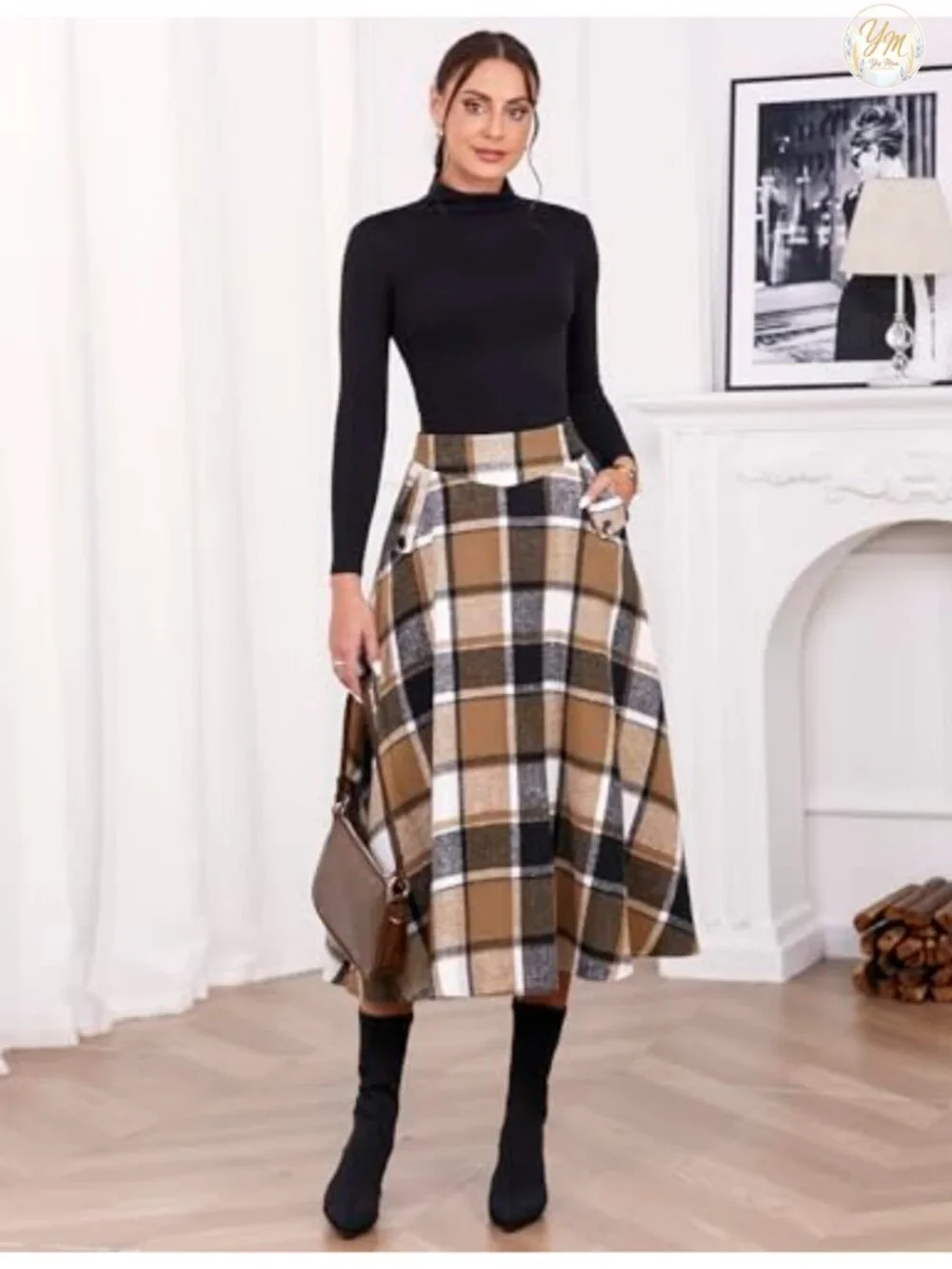 High Waisted Wool Plaid A-Line Long Skirt with Side Elastic Waistband